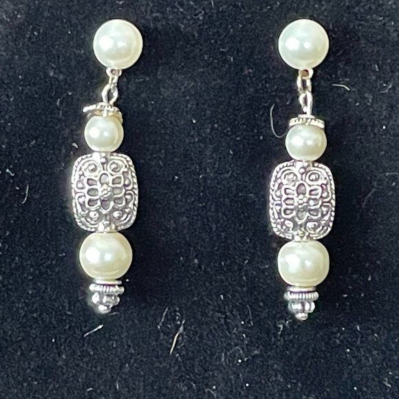Handmade Jewelry - Glass Pearls Antiqued Silver Beads Pierced Drop Earrings